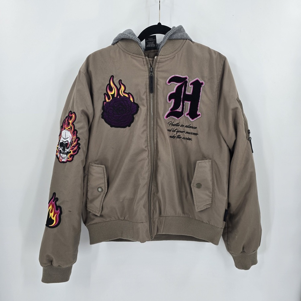 RING OF FIRE Jacket Nylon Bomber Flight Brown Woman's Size Small Multi Patch